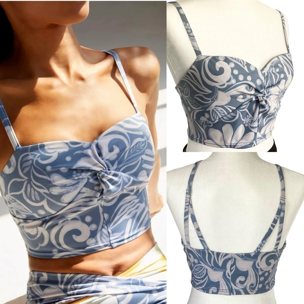 Free People Double Take Printed Crop Tank Top Blue White Floral Cami New Sz Med